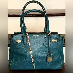HENRI BENDEL CARLYLE Caviar Tumbled Teal Leather Satchel Bag with Original Strap
